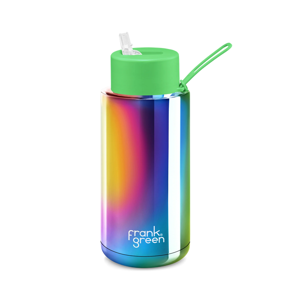 Frank Green / Stainless Steel Ceramic Reusable Bottle w/ Straw Lid (34oz) - Chrome Rainbow & Neon Green