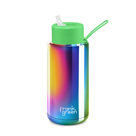 Frank Green / Stainless Steel Ceramic Reusable Bottle w/ Straw Lid (34oz) - Chrome Rainbow & Neon Green