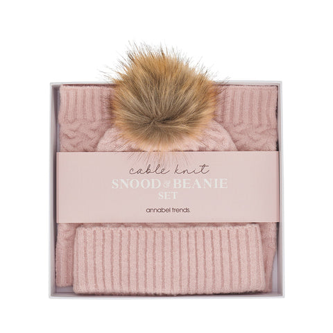 Annabel Trends / Cable Knit Snood & Beanie Set - Pink