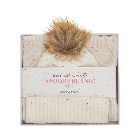 Annabel Trends / Cable Knit Snood & Beanie Set - Speckie Cream