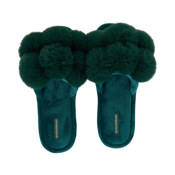 Annabel Trends / Cosy Luxe Pom Pom Slipper - Emerald