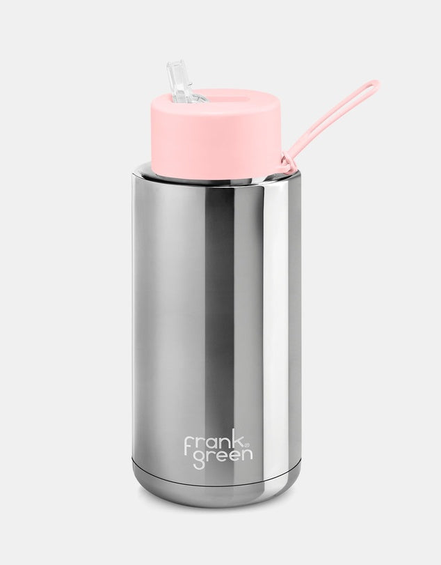 Frank Green / Stainless Steel Ceramic Reusable Bottle w/ Straw Lid (34oz) - Chrome Silver & Blushed